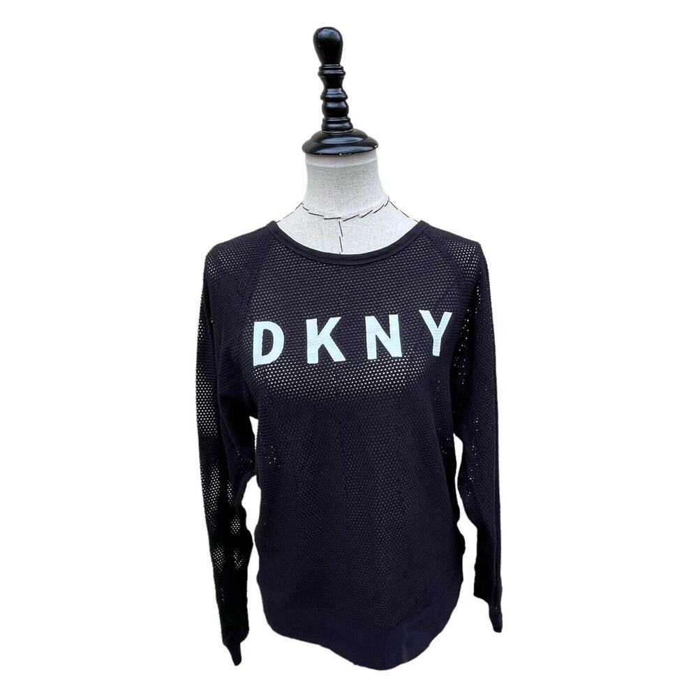 DKNY Sport Womens Black Mesh Logo Crew Neck Long Sleeve Pullover Sheer Sz S